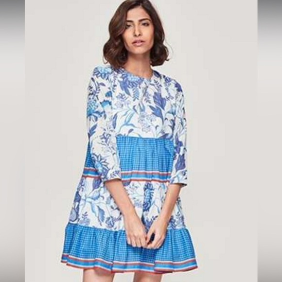Ro’s Garden Floral Tiered Mini Dress Rene Tiffany Blue XS - Picture 1 of 12